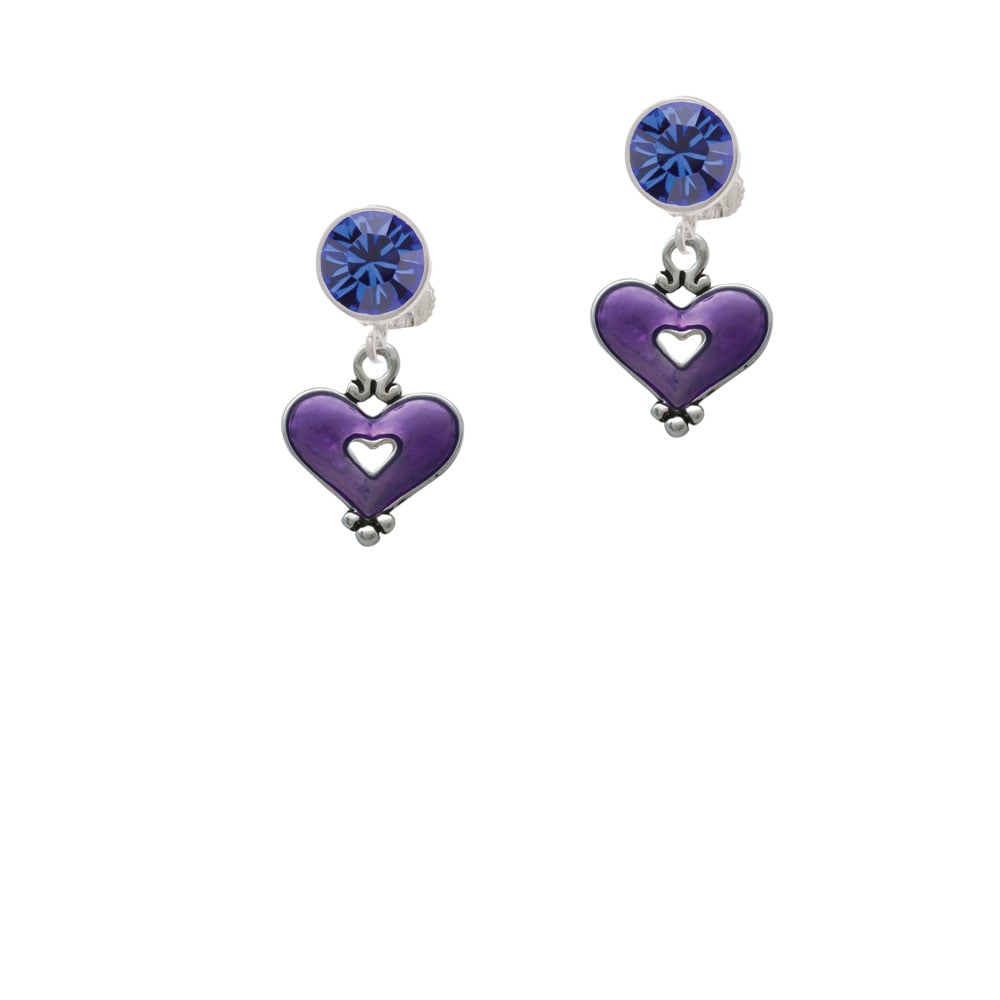 Hot Purple Enamel Heart with Cutout Crystal Clip On Earrings Image 1