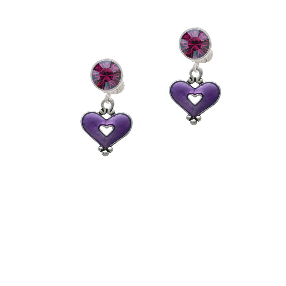 Hot Purple Enamel Heart with Cutout Crystal Clip On Earrings Image 8