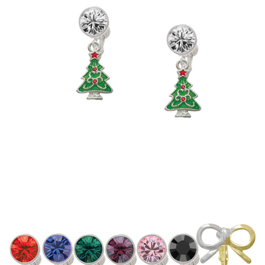 Green Christmas Tree with Red Crystals Crystal Clip On Earrings Image 1