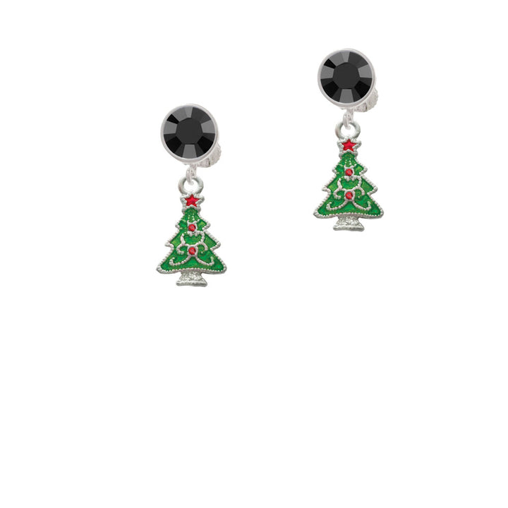 Green Christmas Tree with Red Crystals Crystal Clip On Earrings Image 3