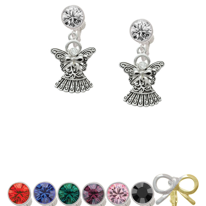 Antiqued Angel with Bow and Crystal Crystal Clip On Earrings Image 1