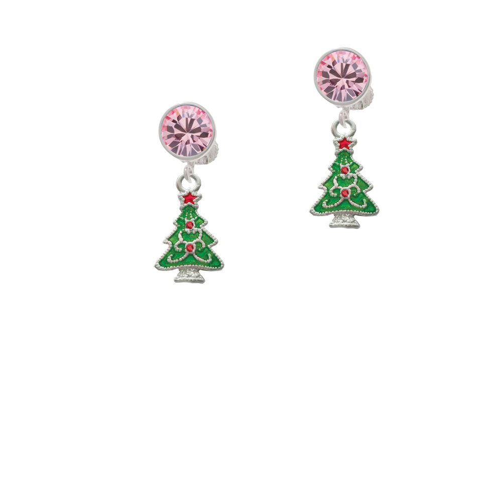 Green Christmas Tree with Red Crystals Crystal Clip On Earrings Image 4