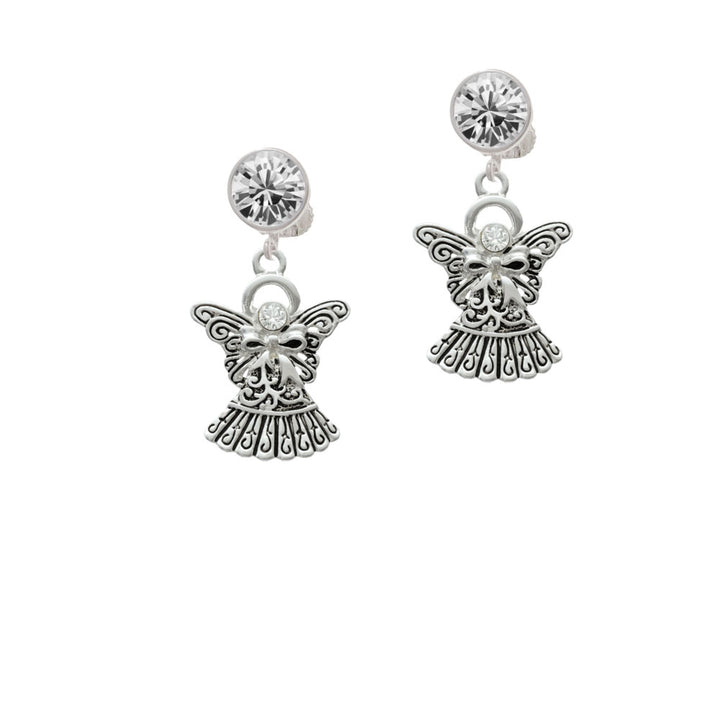 Antiqued Angel with Bow and Crystal Crystal Clip On Earrings Image 2