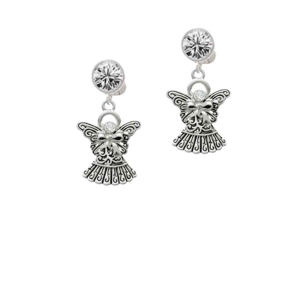 Antiqued Angel with Bow and Crystal Crystal Clip On Earrings Image 1