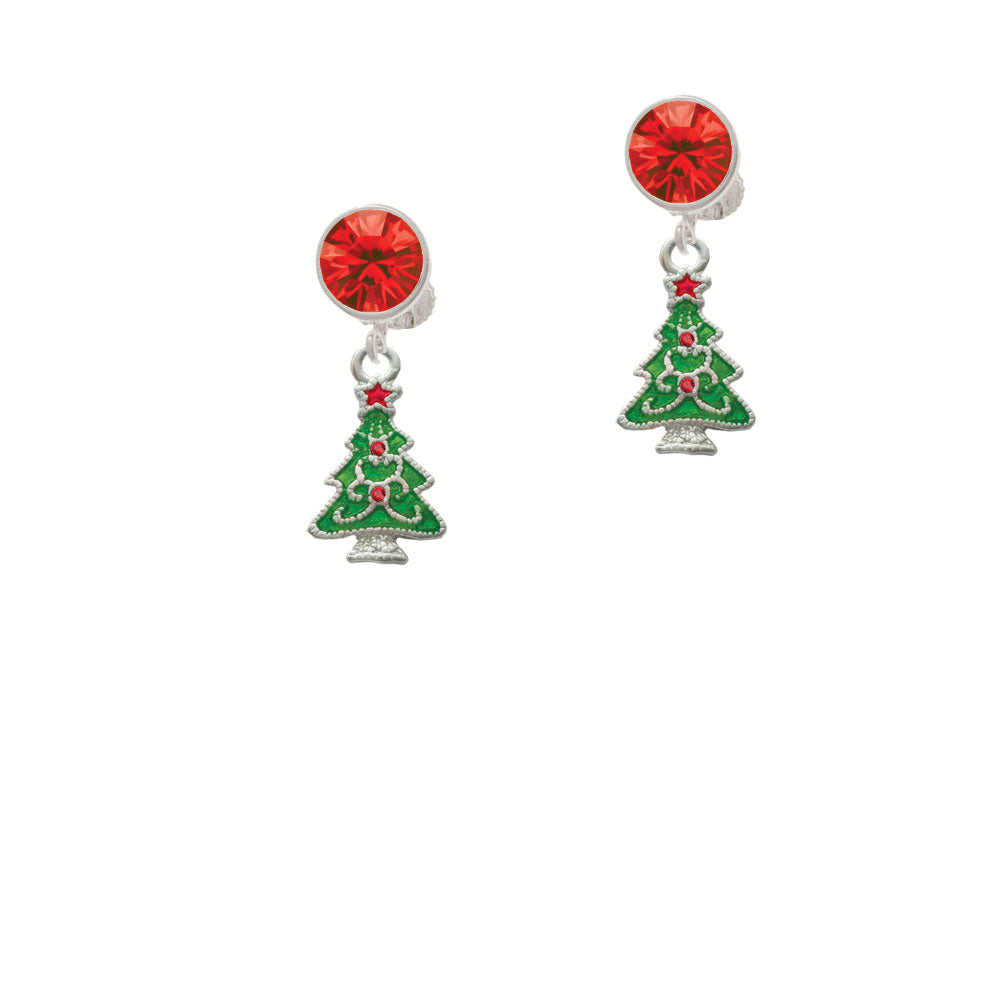 Green Christmas Tree with Red Crystals Crystal Clip On Earrings Image 4