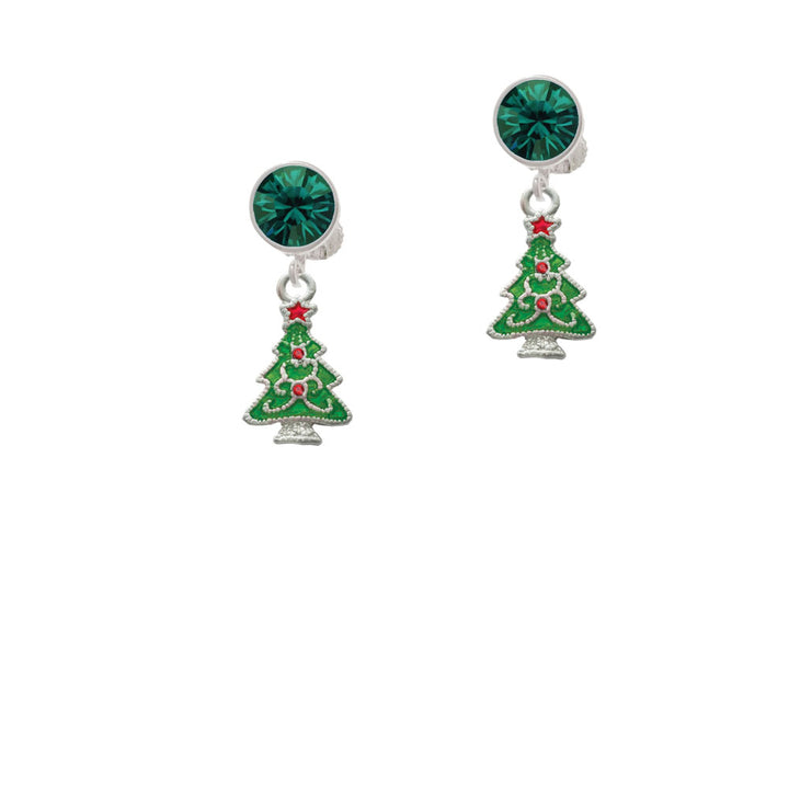 Green Christmas Tree with Red Crystals Crystal Clip On Earrings Image 6