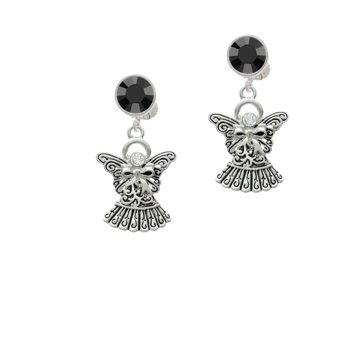 Antiqued Angel with Bow and Crystal Crystal Clip On Earrings Image 3