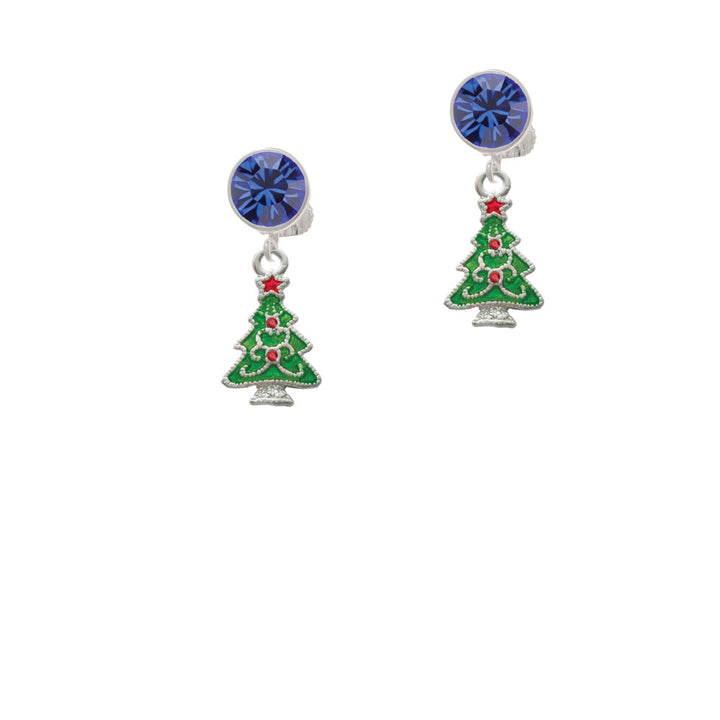 Green Christmas Tree with Red Crystals Crystal Clip On Earrings Image 7