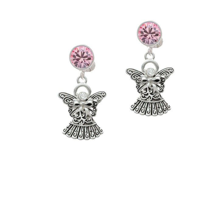 Antiqued Angel with Bow and Crystal Crystal Clip On Earrings Image 4