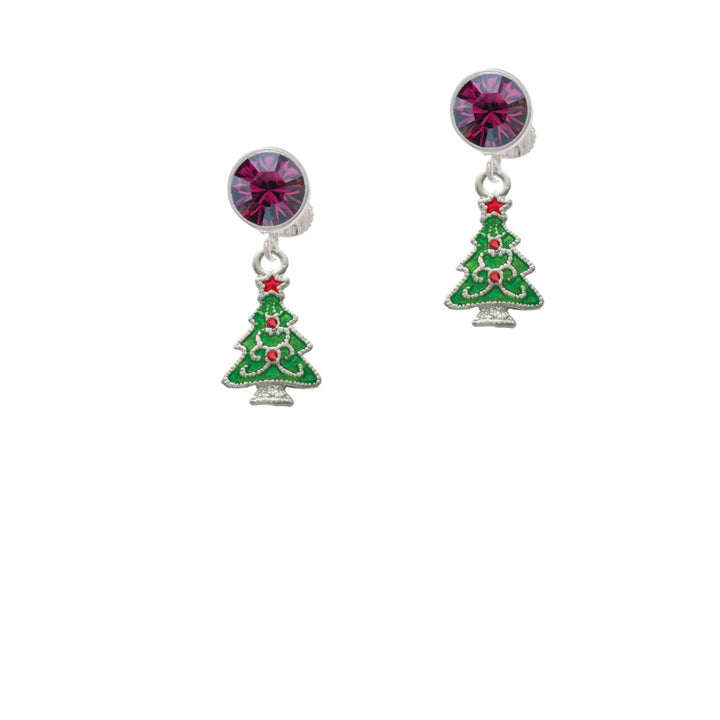 Green Christmas Tree with Red Crystals Crystal Clip On Earrings Image 8