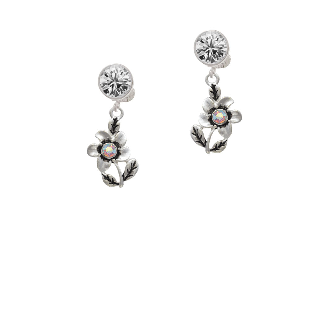 Flower with AB Crystal Crystal Clip On Earrings Image 2