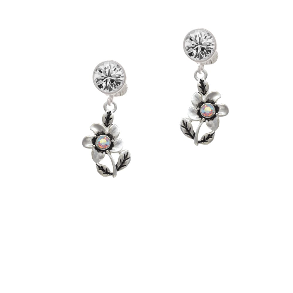 Flower with AB Crystal Crystal Clip On Earrings Image 1