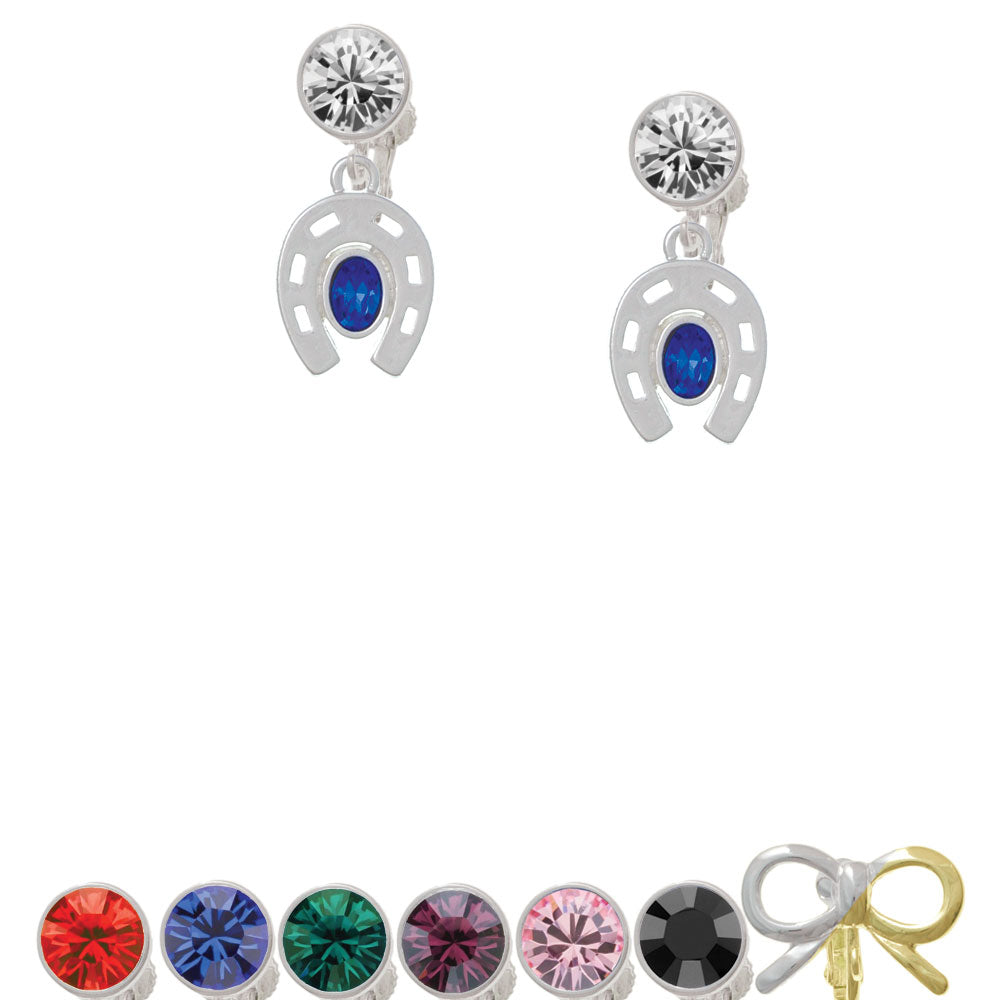 Horseshoe with Oval Blue Crystal Crystal Clip On Earrings Image 1