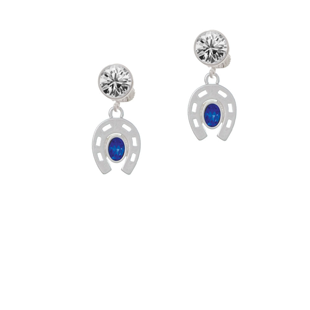 Horseshoe with Oval Blue Crystal Crystal Clip On Earrings Image 2