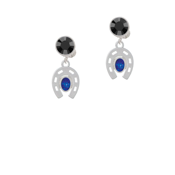 Horseshoe with Oval Blue Crystal Crystal Clip On Earrings Image 3