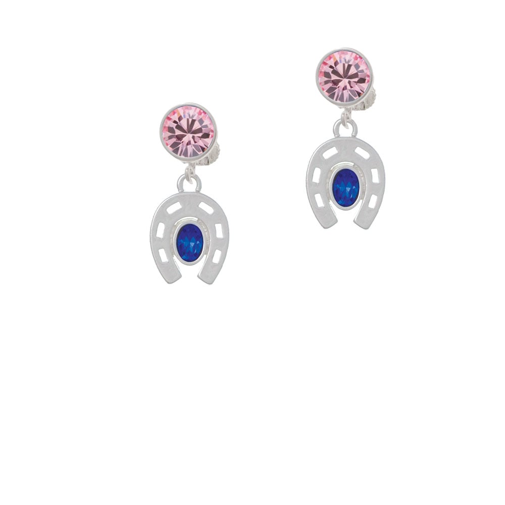 Horseshoe with Oval Blue Crystal Crystal Clip On Earrings Image 1