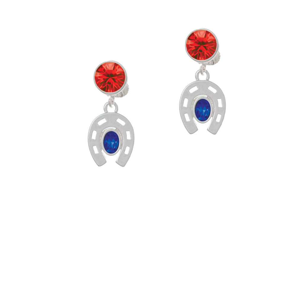 Horseshoe with Oval Blue Crystal Crystal Clip On Earrings Image 4