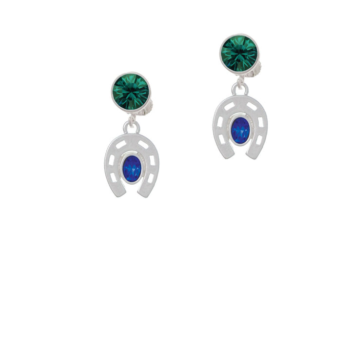 Horseshoe with Oval Blue Crystal Crystal Clip On Earrings Image 6