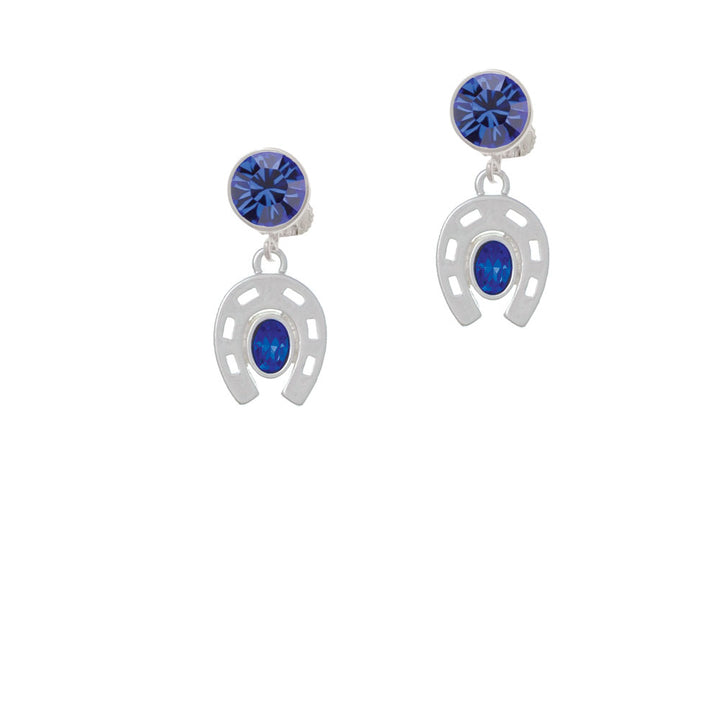 Horseshoe with Oval Blue Crystal Crystal Clip On Earrings Image 7