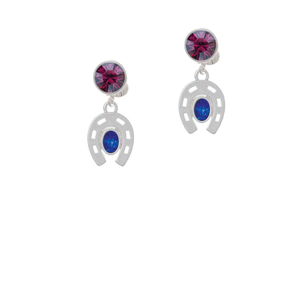 Horseshoe with Oval Blue Crystal Crystal Clip On Earrings Image 8