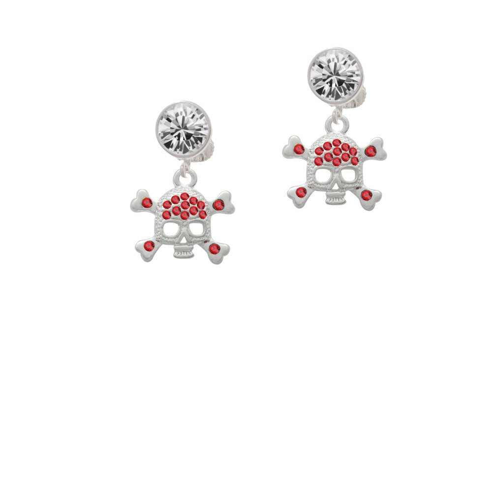 Skull and Crossbones with Red Crystals Crystal Clip On Earrings Image 2