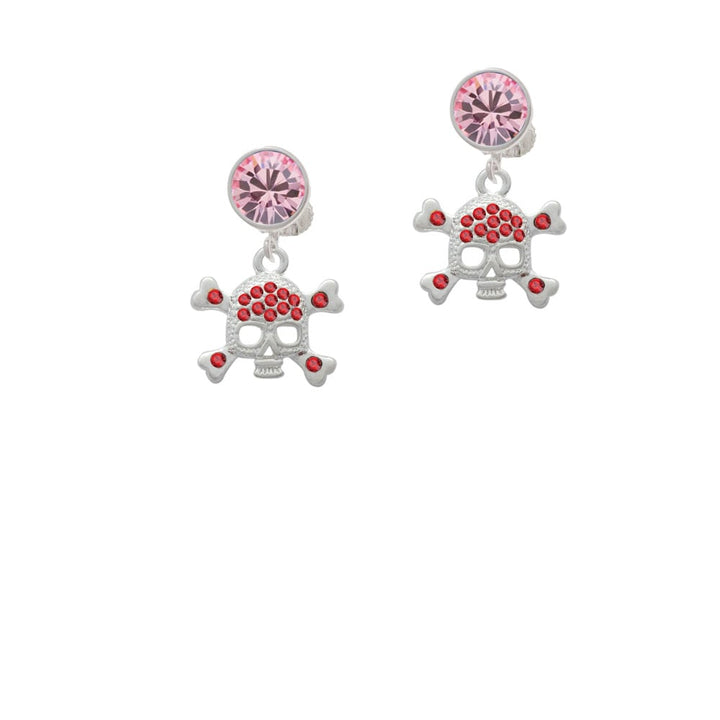 Skull and Crossbones with Red Crystals Crystal Clip On Earrings Image 1