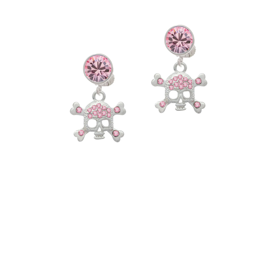 Skull and Crossbones with Pink Crystals Crystal Clip On Earrings Image 4