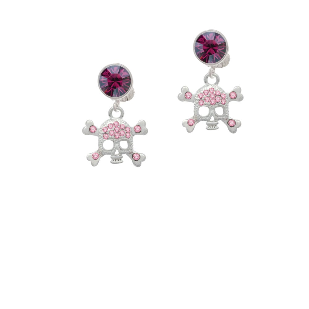 Skull and Crossbones with Pink Crystals Crystal Clip On Earrings Image 1