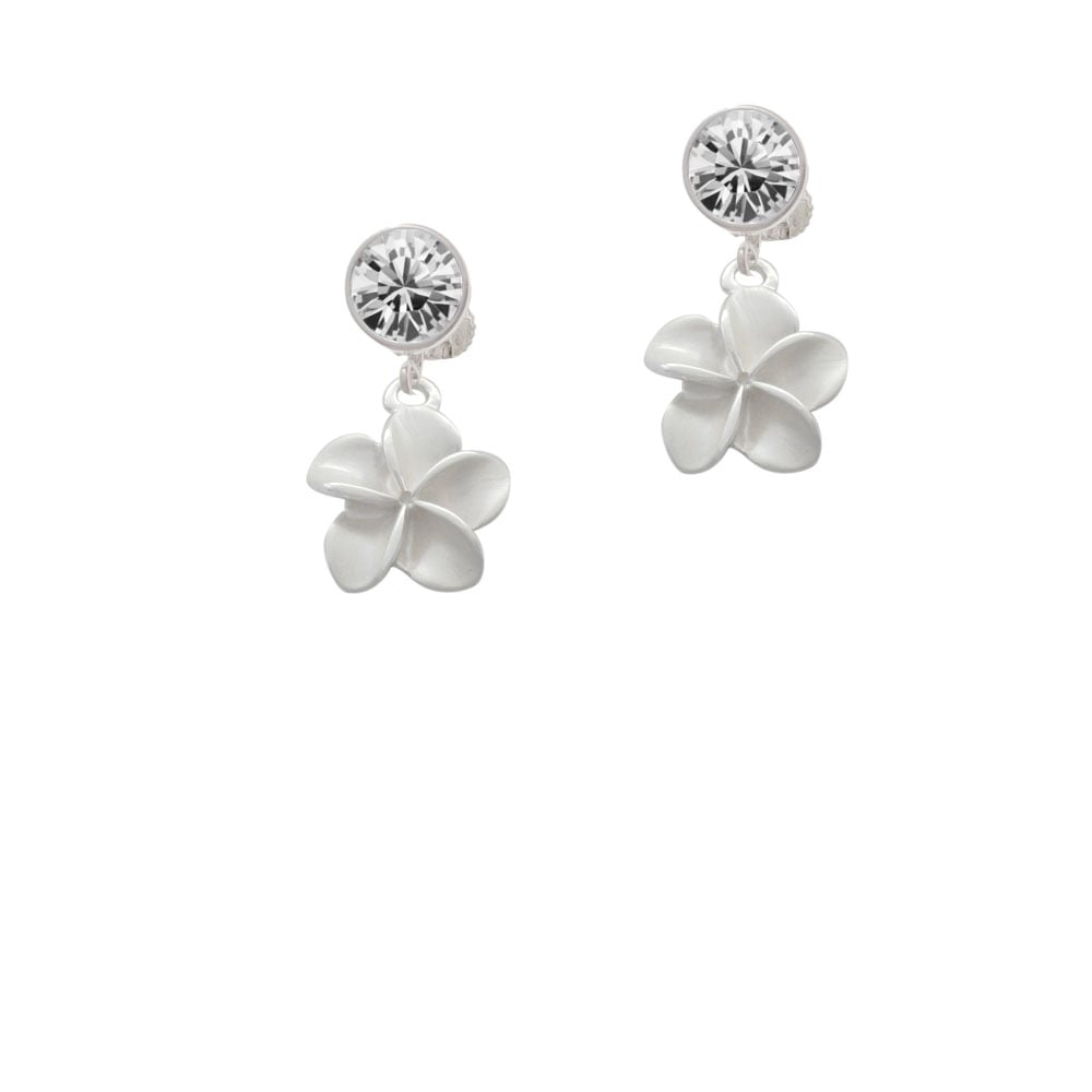 White Plumeria Flower Crystal Clip On Earrings Image 2