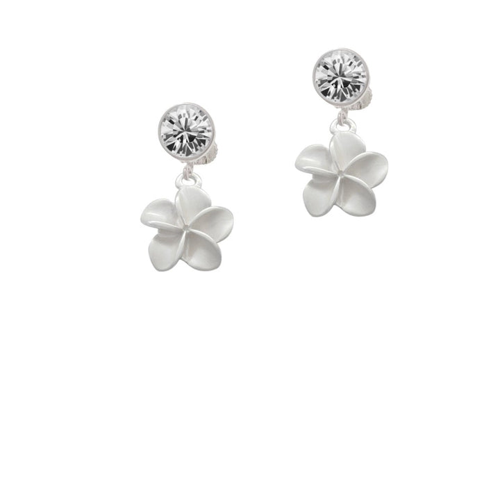 White Plumeria Flower Crystal Clip On Earrings Image 1