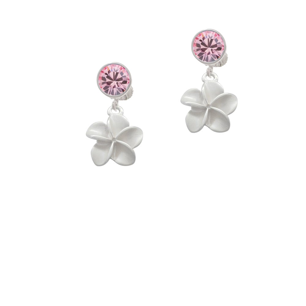 White Plumeria Flower Crystal Clip On Earrings Image 1