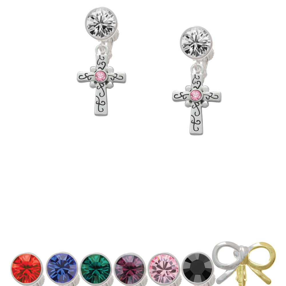 Scroll Cross with Pink Crystal Crystal Clip On Earrings Image 1