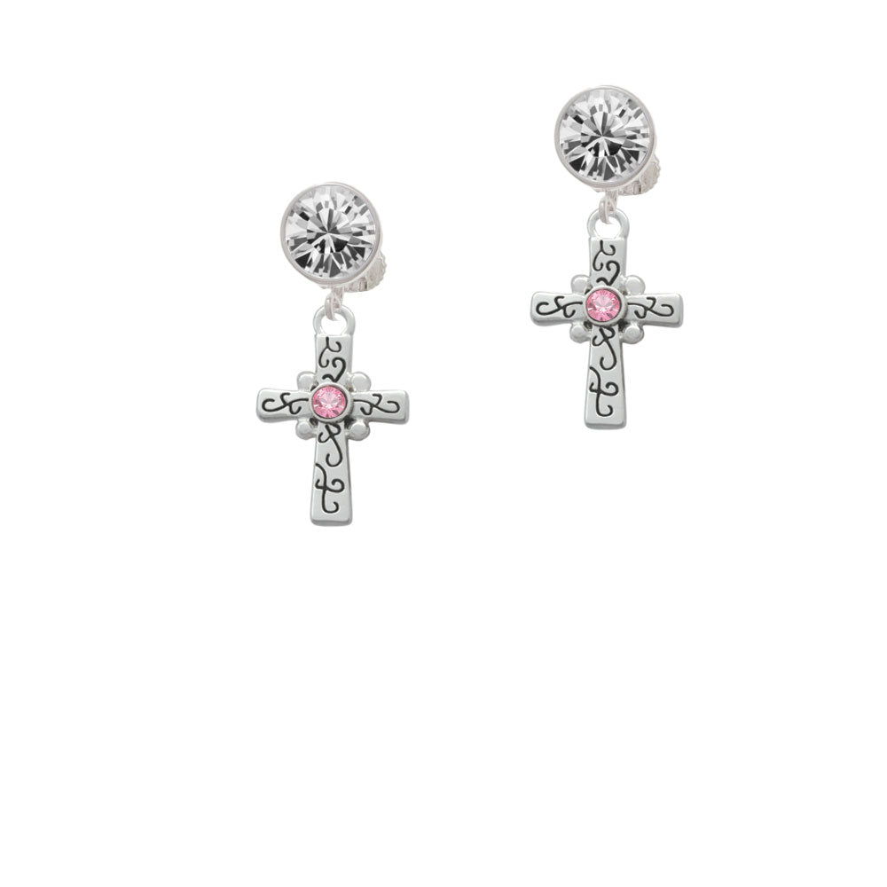 Scroll Cross with Pink Crystal Crystal Clip On Earrings Image 2