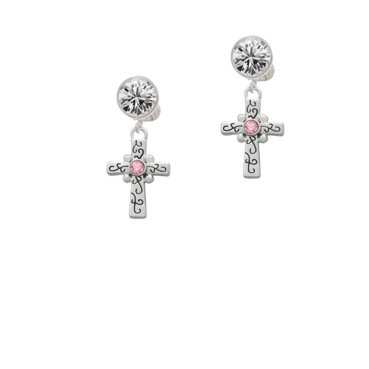 Scroll Cross with Pink Crystal Crystal Clip On Earrings Image 1