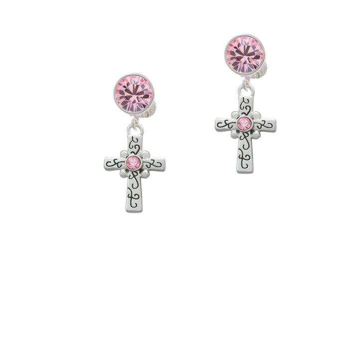 Scroll Cross with Pink Crystal Crystal Clip On Earrings Image 4