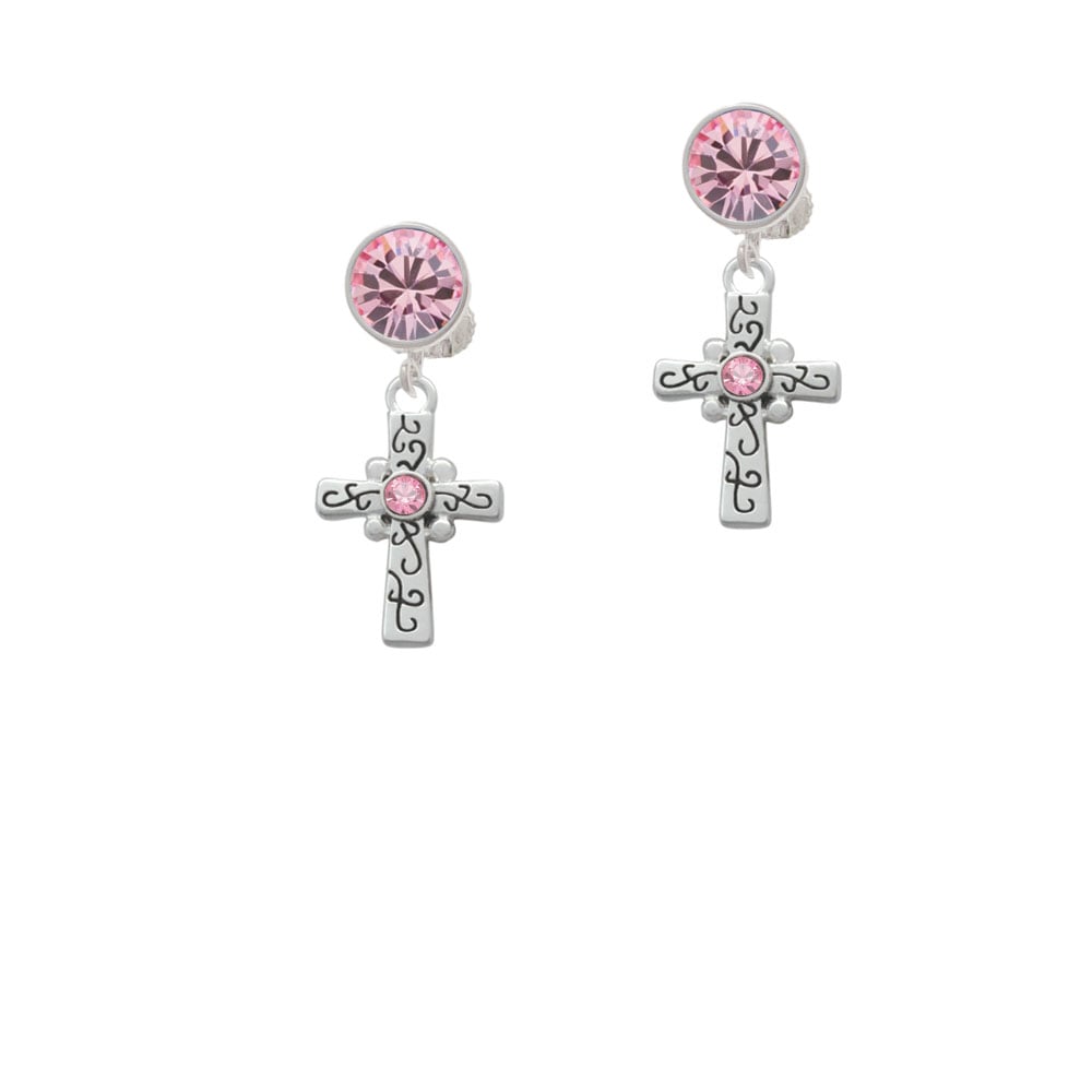 Scroll Cross with Pink Crystal Crystal Clip On Earrings Image 1