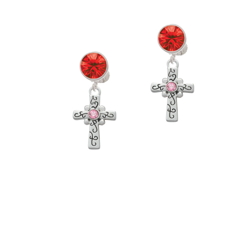 Scroll Cross with Pink Crystal Crystal Clip On Earrings Image 4