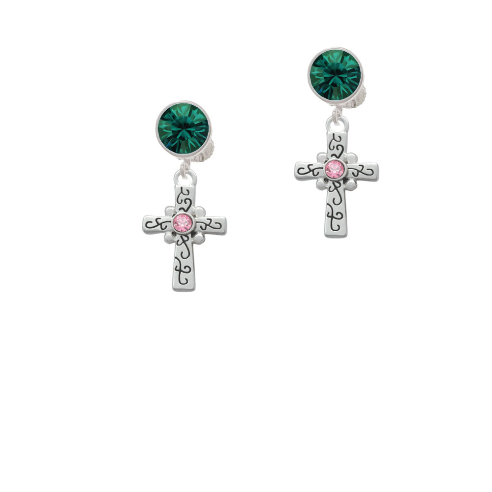 Scroll Cross with Pink Crystal Crystal Clip On Earrings Image 6