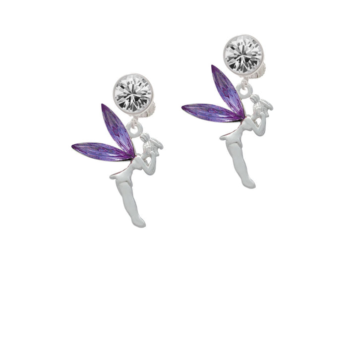 Large Fairy with Purple Wings Crystal Clip On Earrings Image 2