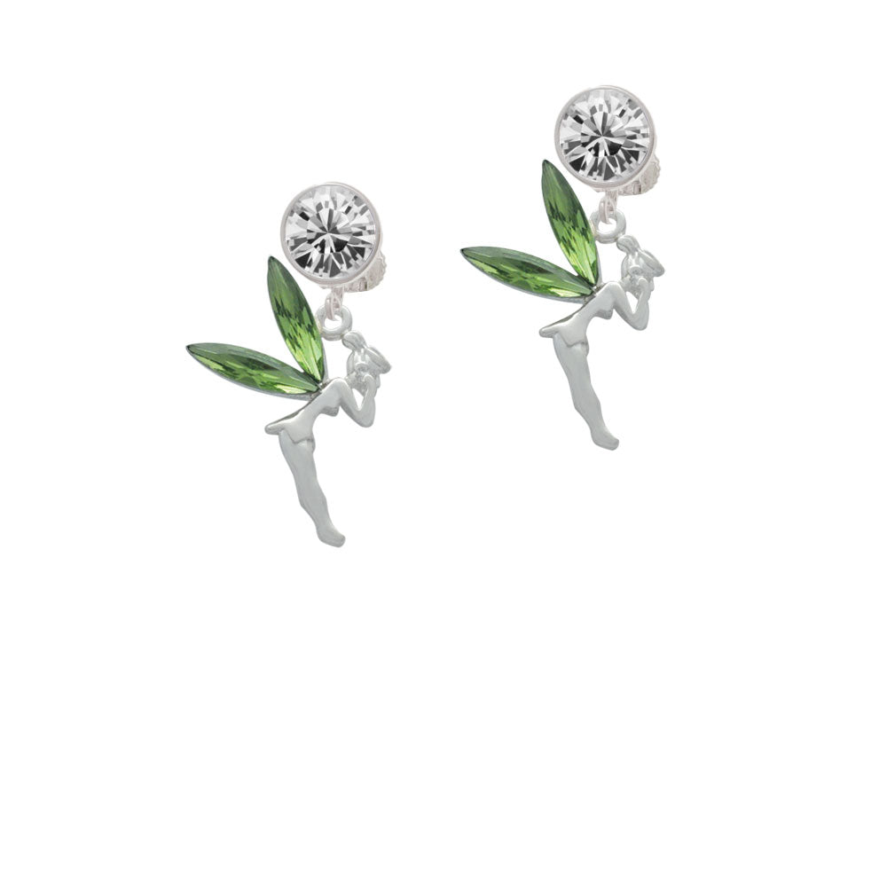 Large Fairy with Lime Green Wings Crystal Clip On Earrings Image 2