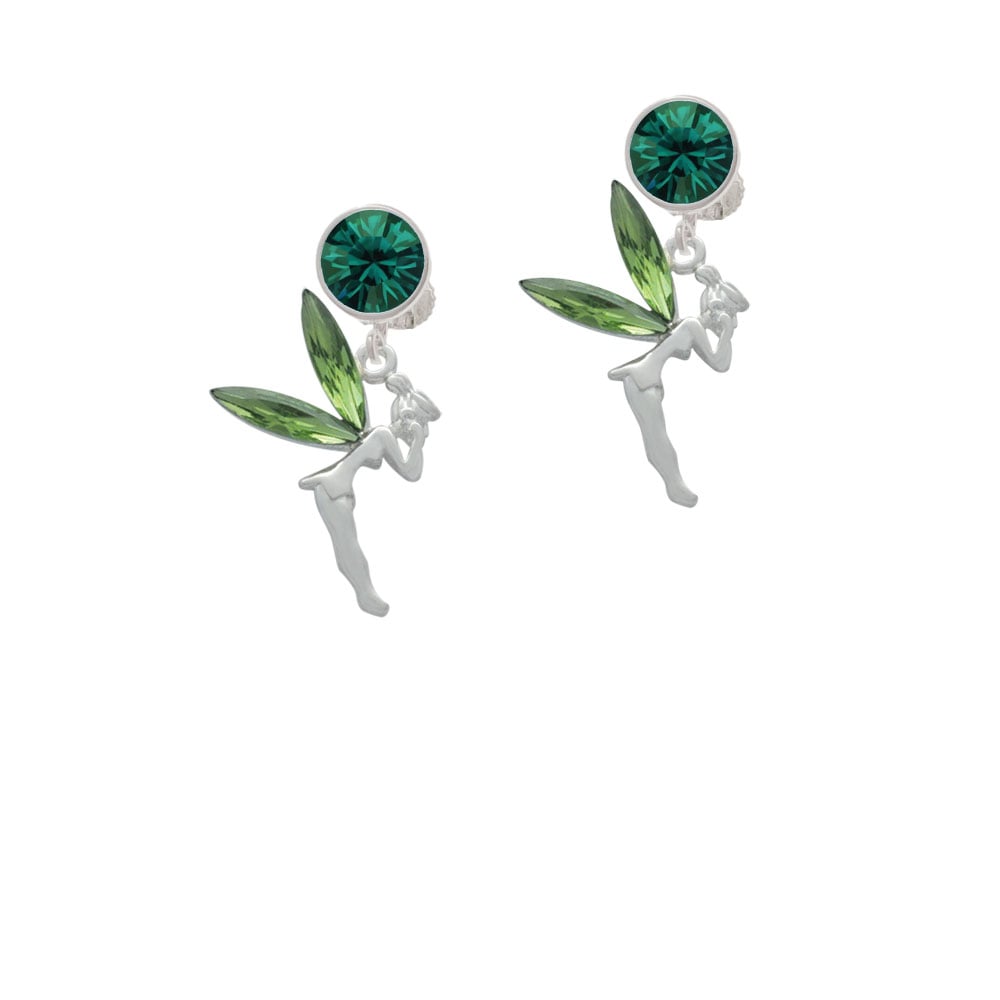 Large Fairy with Lime Green Wings Crystal Clip On Earrings Image 1