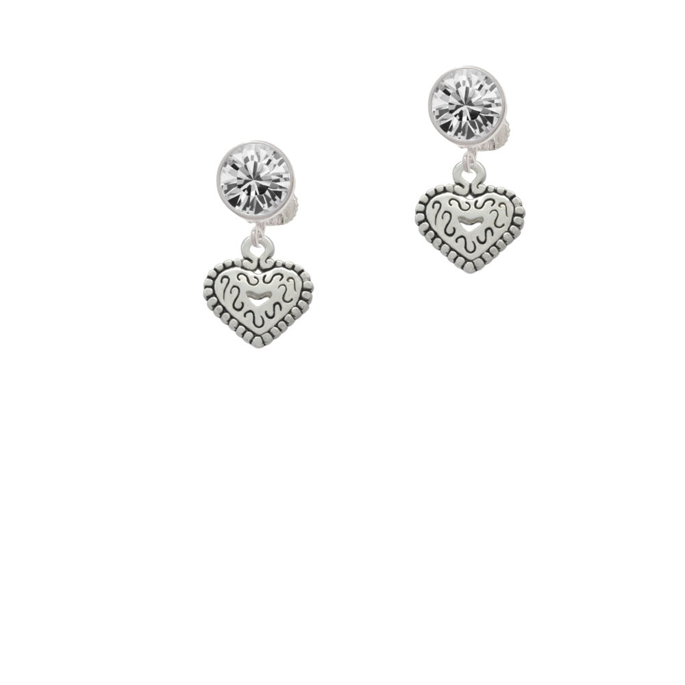 Mini Antiqued Heart with Swirls Crystal Clip On Earrings Image 2