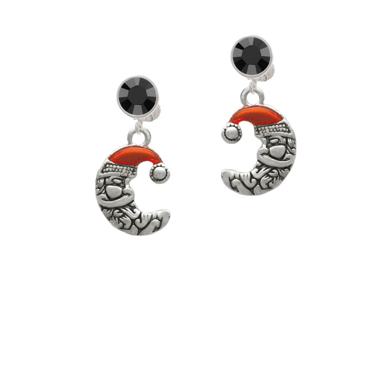 Small Crescent Moon Santa Crystal Clip On Earrings Image 3