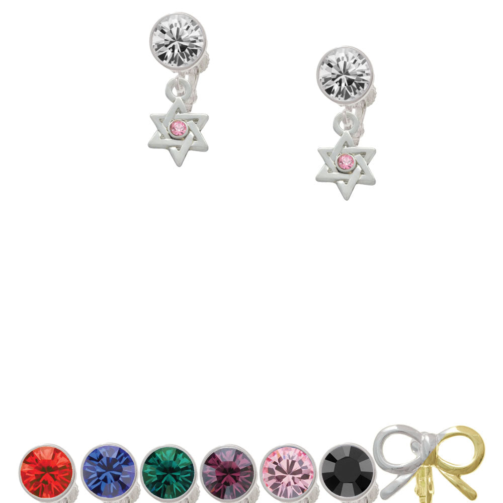 Mini Star of David with Pink Crystal Crystal Clip On Earrings Image 1