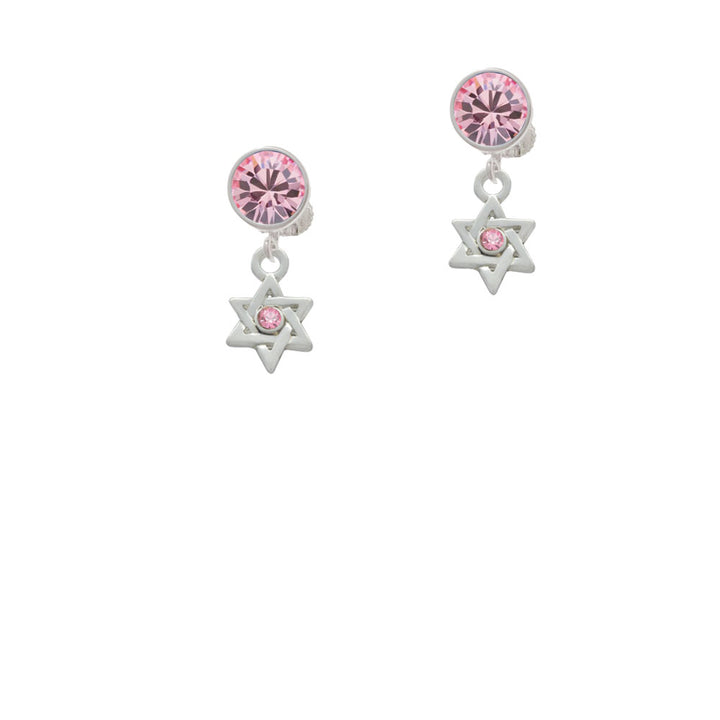 Mini Star of David with Pink Crystal Crystal Clip On Earrings Image 4