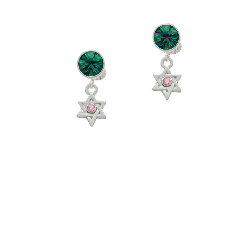 Mini Star of David with Pink Crystal Crystal Clip On Earrings Image 6