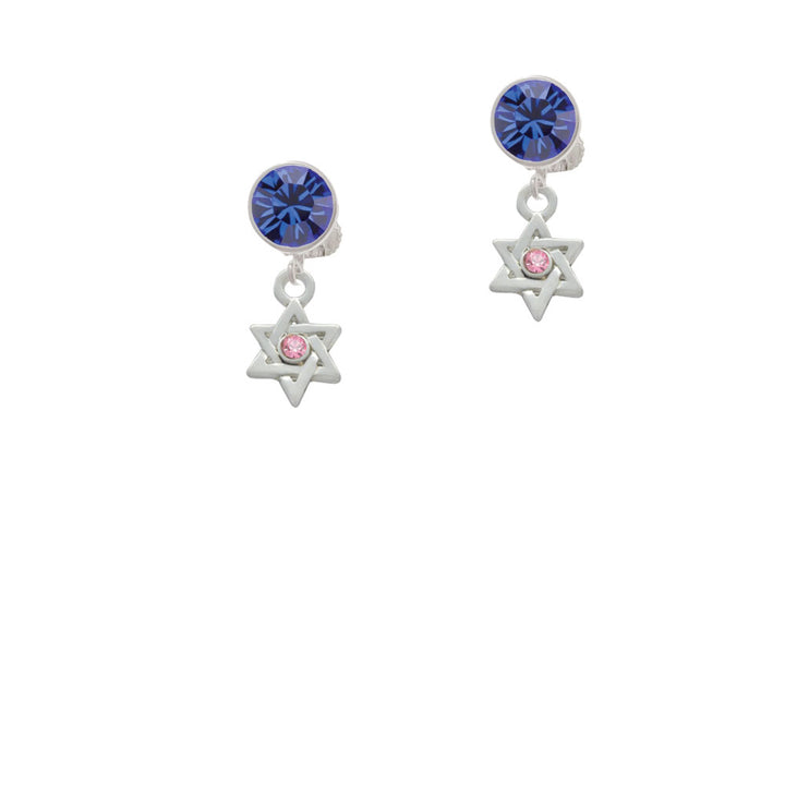 Mini Star of David with Pink Crystal Crystal Clip On Earrings Image 7