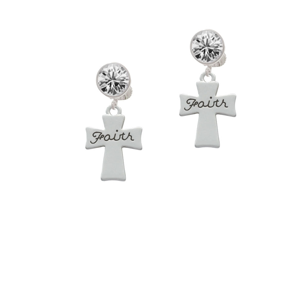 Faith Flat Cross Crystal Clip On Earrings Image 2