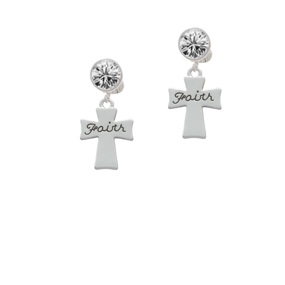 Faith Flat Cross Crystal Clip On Earrings Image 1