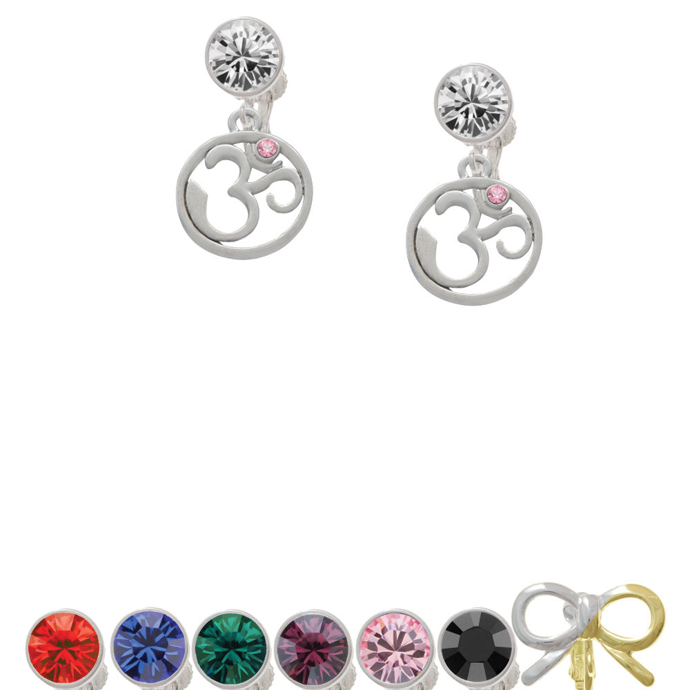 Om in Circle with Pink Crystal Crystal Clip On Earrings Image 1